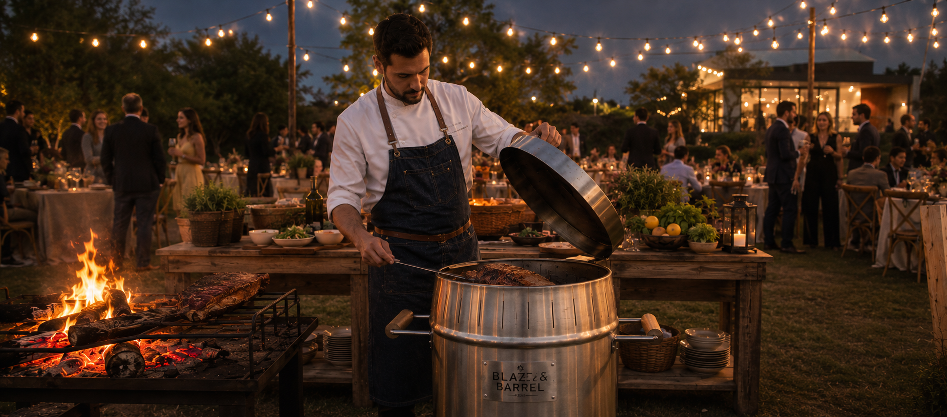 Live fire BBQ catering on the signature Blaze & Barrel barrel grill in Toronto