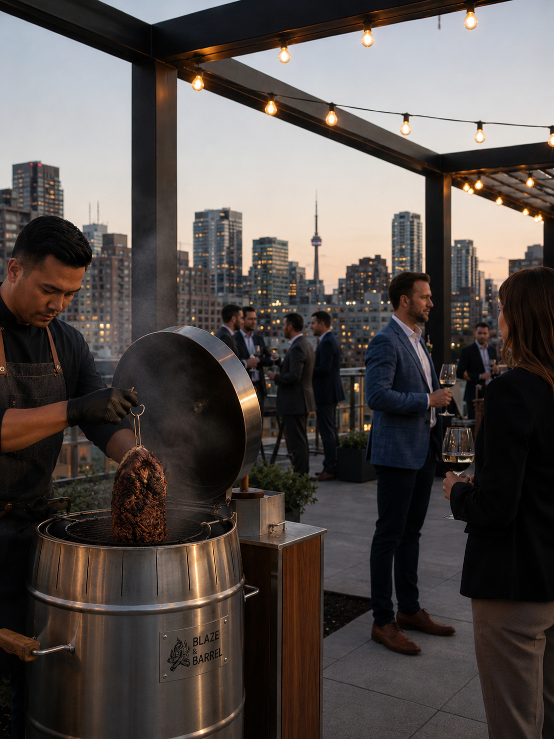 Live fire BBQ catering at a corporate event in Toronto