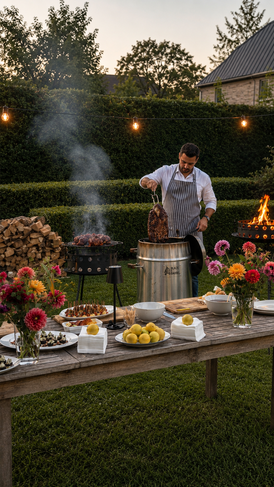 Signature barrel grill live fire BBQ catering experience at a premium Toronto event